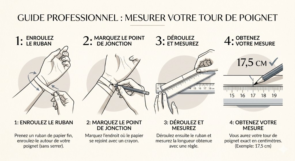 Infographie en 4 étapes expliquant comment mesurer son tour de poignet avec un ruban de papier, un crayon et une règle.