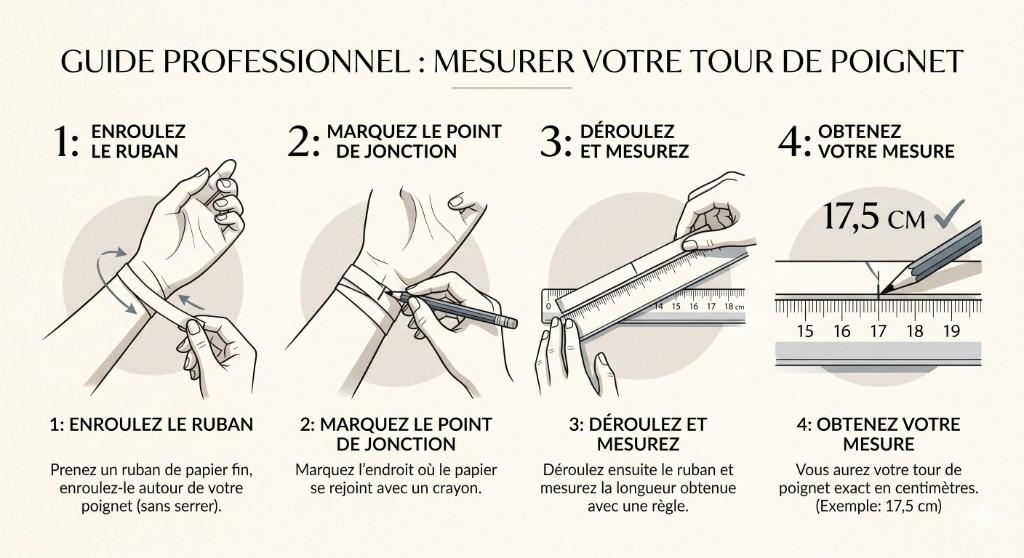 Infographie en 4 étapes expliquant comment mesurer son tour de poignet avec un ruban de papier, un crayon et une règle.